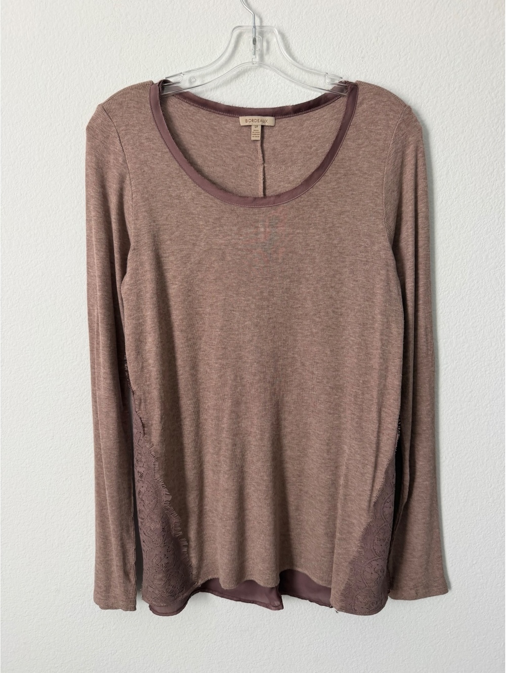 Bordeaux Long Sleeve Scoop Neck Lace Trim Stretch Mauve Blouse Women's Size S